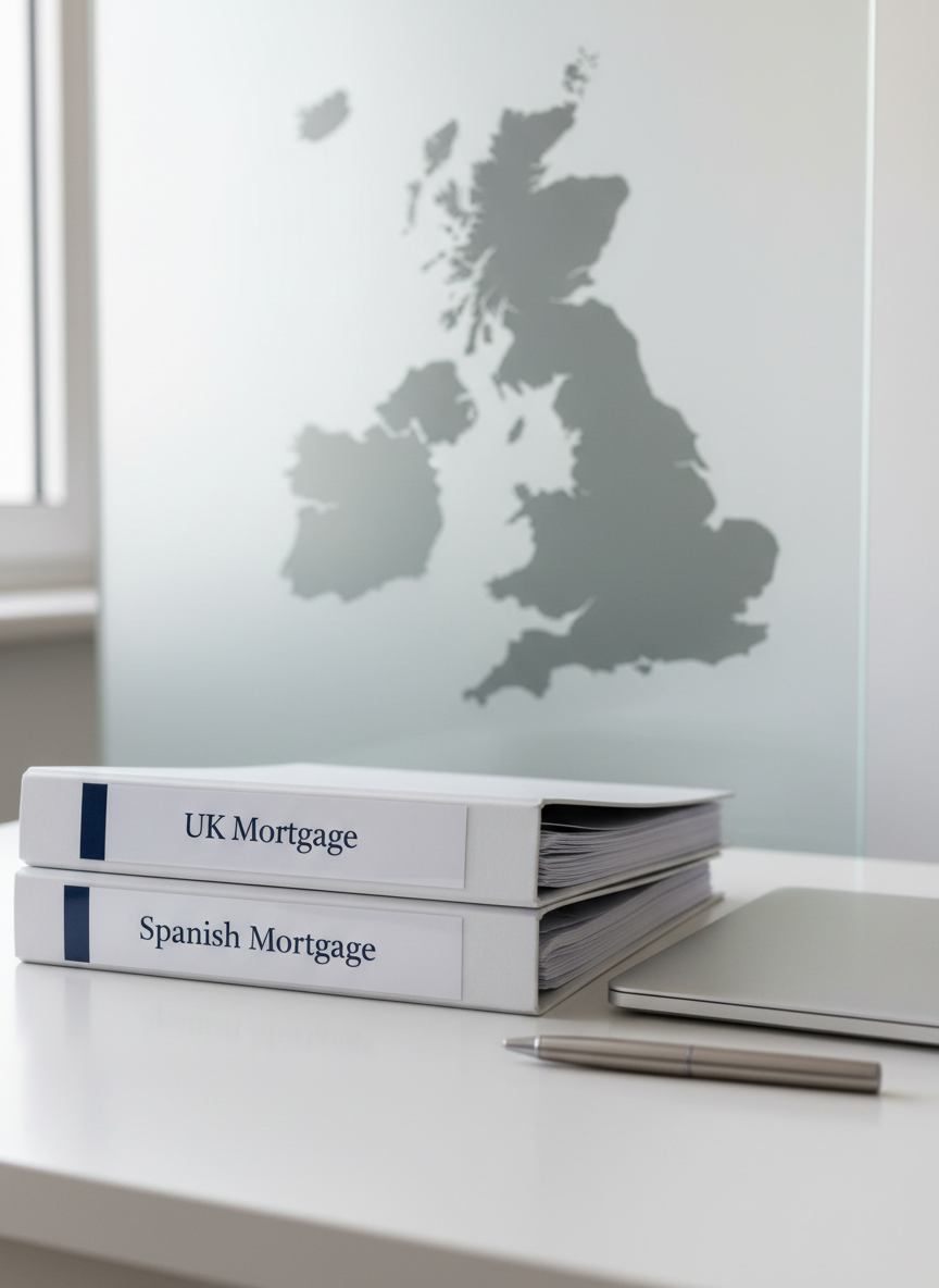 A close-up of a clean white desk with a neatly stacked pair of property folders labeled “UK Mortgage” and “Spanish Mortgage” in crisp navy lettering, beside a brushed steel pen and a slim silver laptop closed and aligned perfectly. Behind them, a frosted glass panel features a faint, out-of-focus map outline of the UK and Spain, suggesting cross-border financial expertise. Soft, diffused overcast light from an unseen window to the left casts gentle, professional shadows and subtle highlights across the smooth surfaces. Captured from a slightly elevated angle with rule-of-thirds composition, the folders are in sharp focus while the background softly blurs. The photographic style is modern and minimalist, conveying precision, trust, and organized debt solutions without any human presence.