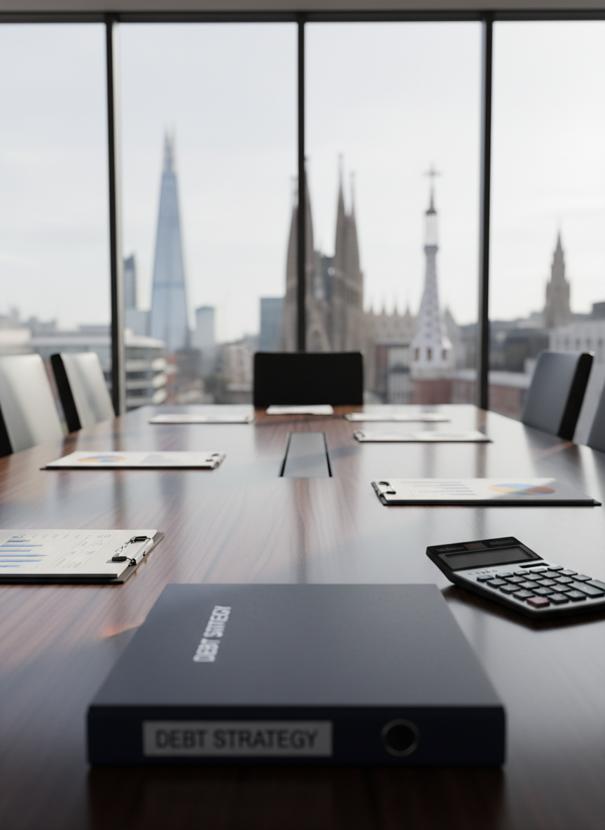 A sleek, polished conference table made of dark walnut wood, covered with neatly arranged financial documents, a silver calculator, and a closed navy-blue folder stamped with a subtle “Debt Strategy” title. In the background, a large frameless glass window reveals a distant, softly blurred skyline featuring both British and Spanish architectural silhouettes. Soft natural daylight filters through the window, creating gentle reflections on the table’s glossy surface and subtle shadows around the papers. Photographed at eye level with a shallow depth of field, the focus is on the organized documents, conveying professionalism and clarity. The mood is calm, reassuring, and corporate, with clean photographic realism and a modern, minimalist aesthetic suitable for a debt negotiation business.