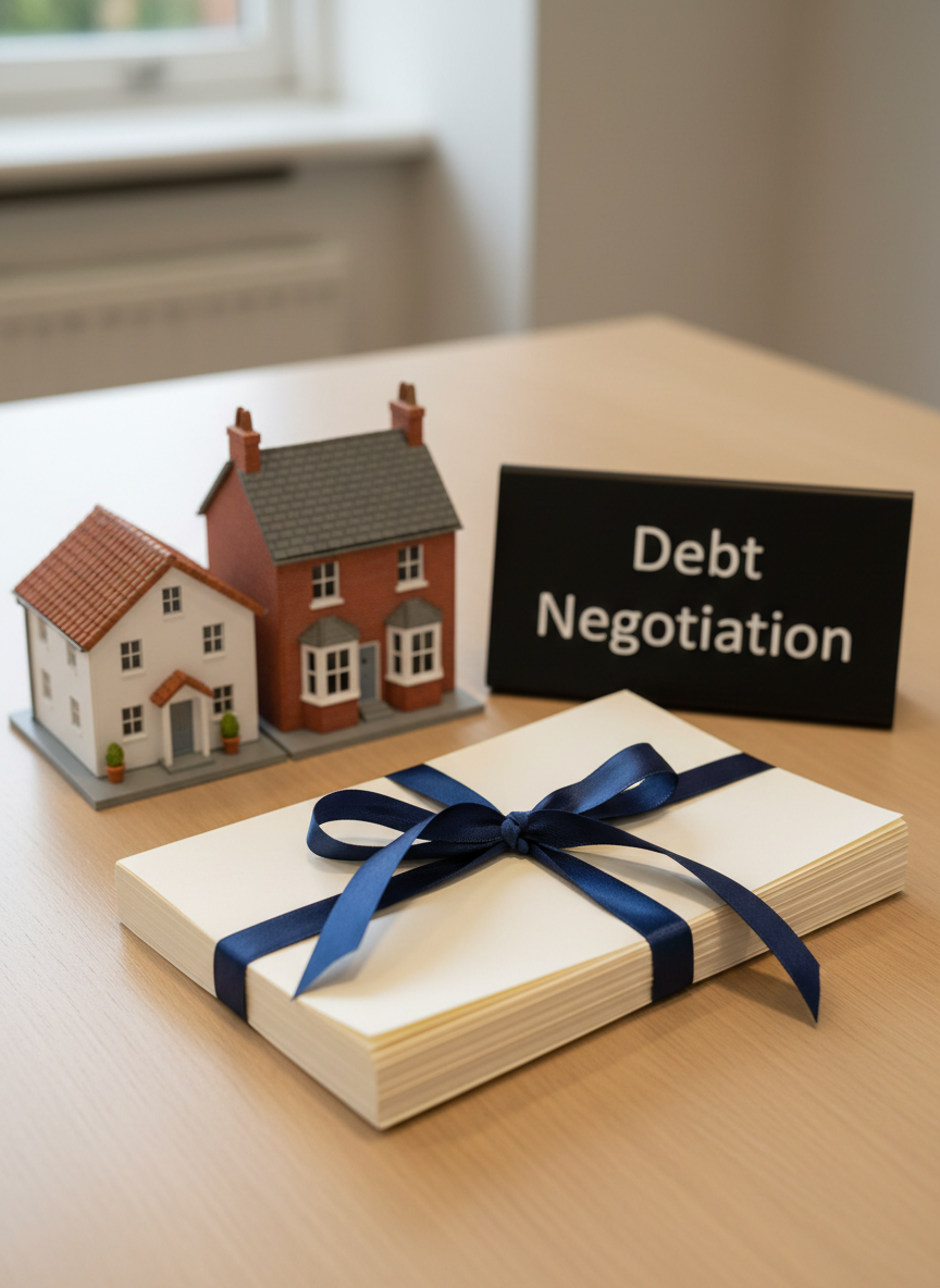 A high-resolution photographic scene of a small stack of mortgage contracts bound with a neat navy ribbon, resting on a light oak desk. A miniature model of a white Spanish coastal house with a terracotta roof stands beside a more traditional red-brick UK townhouse model, both detailed with tiny windows and doors. Behind them sits a discreet, matte-black sign reading “Debt Negotiation” in clean sans-serif type. Warm, indirect office lighting from above and to the right creates soft, even illumination and gentle shadows under the house models, giving depth and realism. Shot at eye level with moderate depth of field, the composition balances the contracts and house models in a calm, ordered frame, evoking stability, expertise, and cross-border mortgage support.