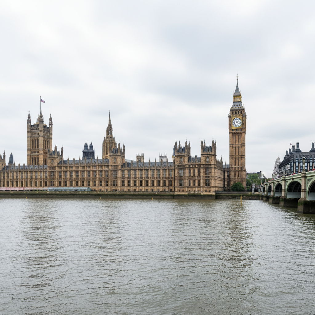 A professional, high-resolution daytime photograph of Big Ben and the Houses of Parliament in London, viewed from across the River Thames. The composition is clean and balanced, with Big Ben prominently framed on the right third of the image and calm water in the foreground. The sky is bright but softly diffused, avoiding harsh contrast. No people are visible. The overall mood is trustworthy, stable, and corporate, suitable as a background or supporting image for a financial/legal services website.