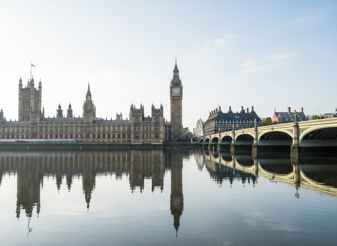 Professional, high-resolution daytime photograph of Big Ben and the Houses of Parliament in London, viewed from across the River Thames. Clean, balanced composition with Big Ben and the skyline framed clearly, calm water in the foreground, bright but softly diffused sky, no people visible. The mood is trustworthy, stable, and corporate, suitable for a financial/legal services website. Modern, minimalist aesthetic.